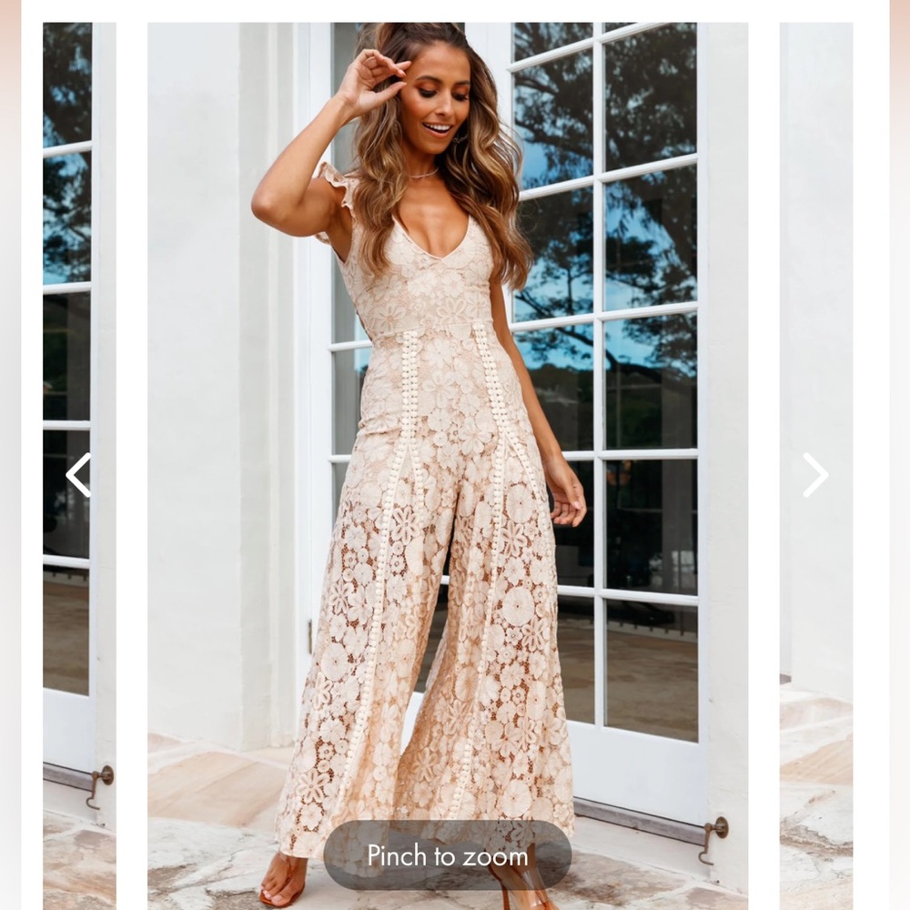 TAKE NOTE LACED-BACK FRILL SHOULDER LACE JUMPSUIT NUDE